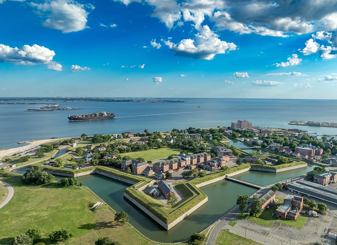 Chesapeake, VA - Aerial view of Fort Monroe former military installation in Hampton, Virginia